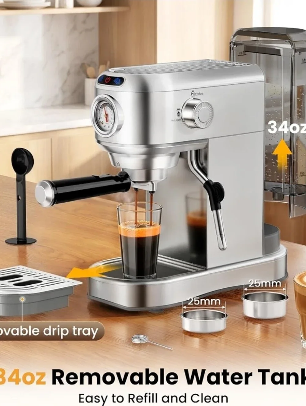Stainless Steel Espresso Machine with Steam Wand - Silver